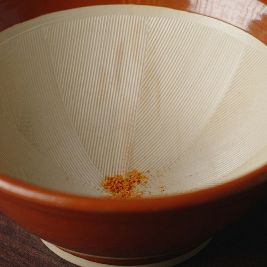 Dry seasoning powder and vegetable flakes resting at the bottom of an empty ceramic bowl.