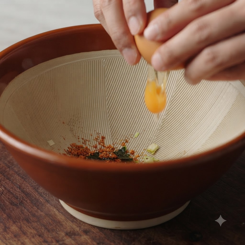 Hands cracking a fresh egg with the yolk and white dropping into the seasoning bowl.
