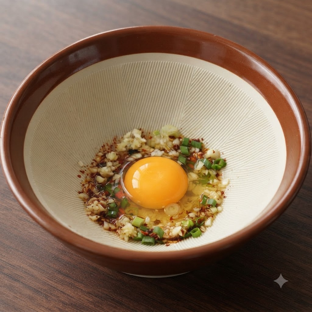Fresh minced garlic scattered around a raw egg yolk sitting inside the seasoning bowl.