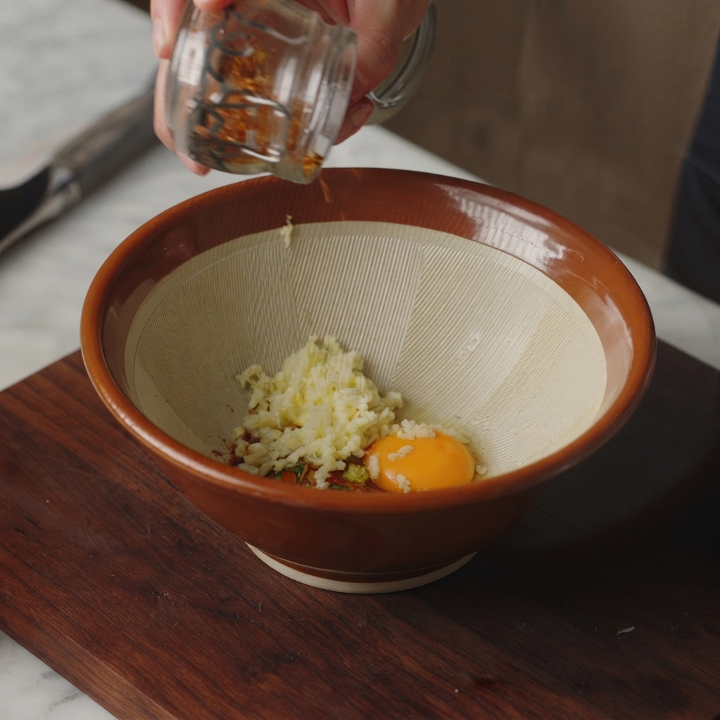 A jar sprinkling chili powder over the bowl filled with minced garlic, egg, and seasoning.