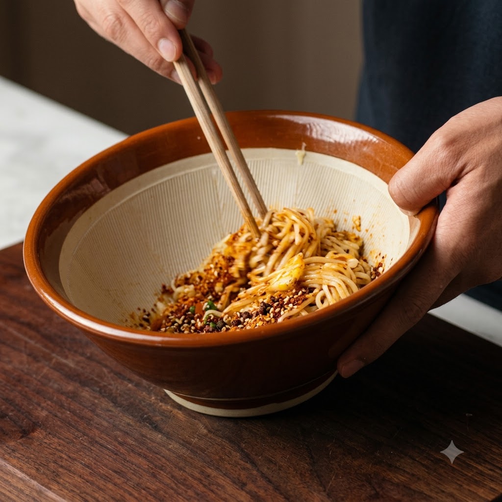 A pair of chopsticks blending the sauce ingredients together inside the ceramic bowl.