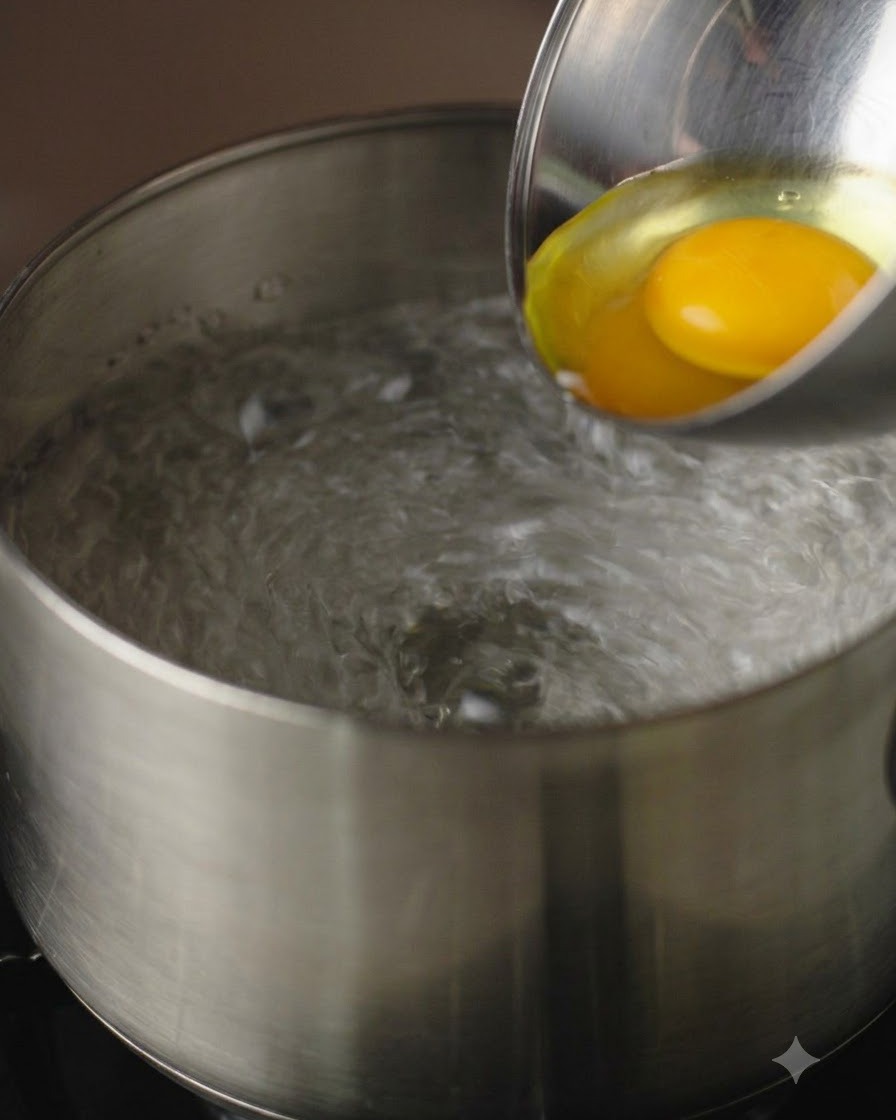 An egg sliding from a small metal bowl into a pot of swirling boiling water.