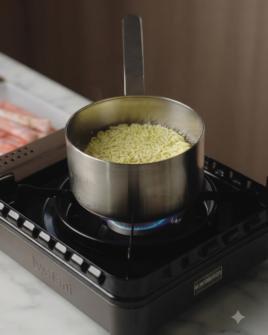 Instant noodles and raw meat slices cooking together in a stainless steel pot of boiling water on a portable stove.