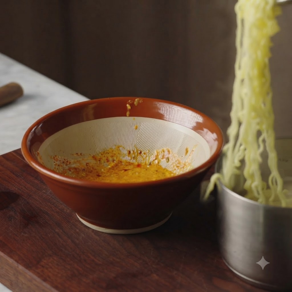 Cooked noodles being added from a pot into a brown ceramic bowl filled with a seasoned garlic and sauce mixture.