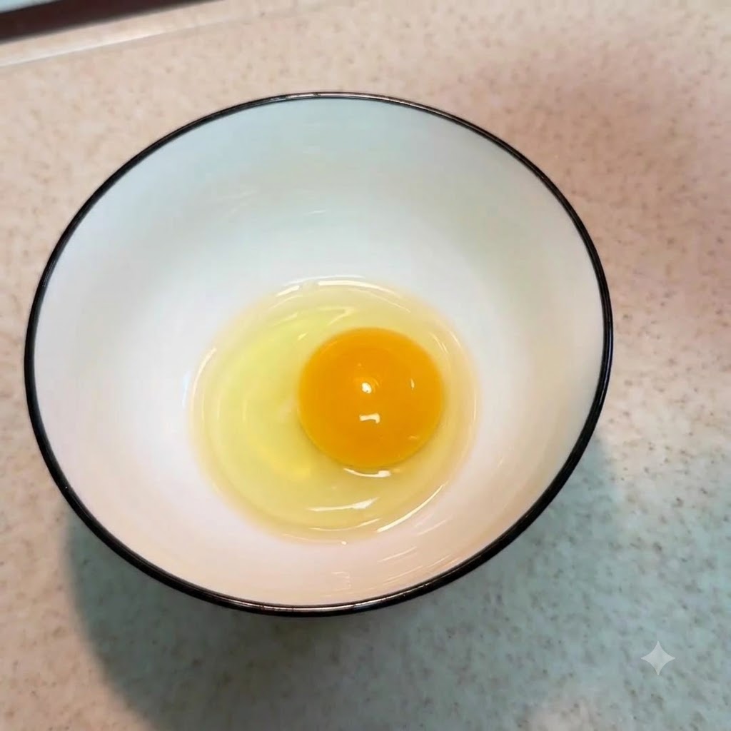 A single raw egg yolk resting neatly inside a white ceramic bowl with a black rim.