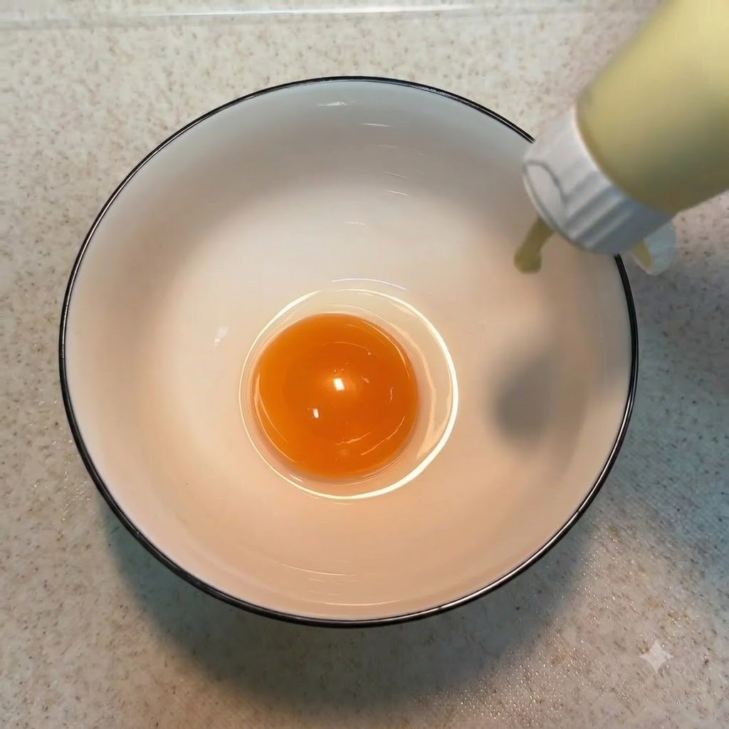 Salad dressing being squeezed from a bottle onto the egg yolk inside a ceramic bowl.