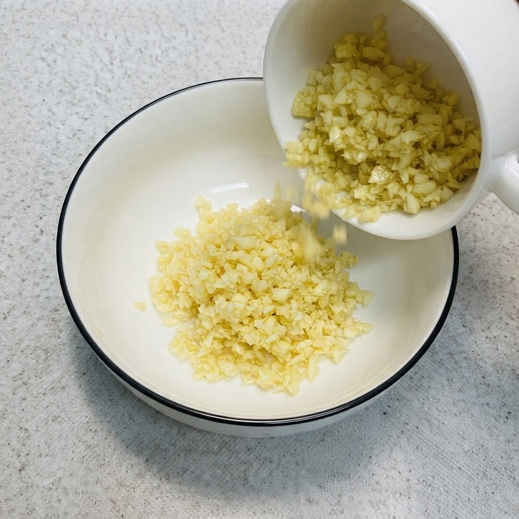 Minced garlic being poured from a small cup into the bowl containing the egg yolk and dressing.