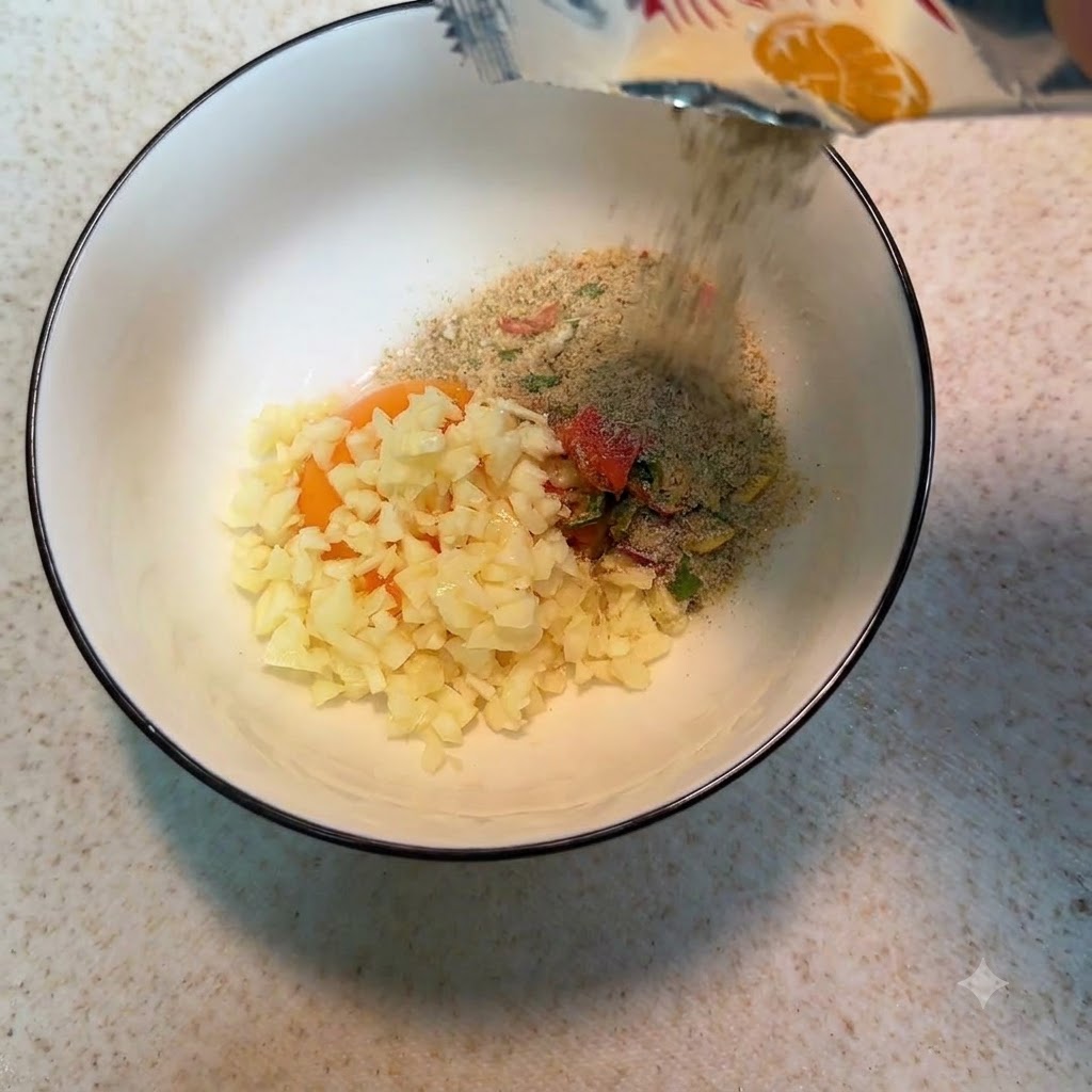 Instant noodle seasoning powder and dried spices being poured from an open packet into the mixing bowl.