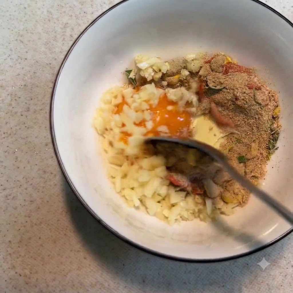 A spoon mixing the egg yolk, garlic, salad dressing, and seasoning inside the bowl into a thick paste.
