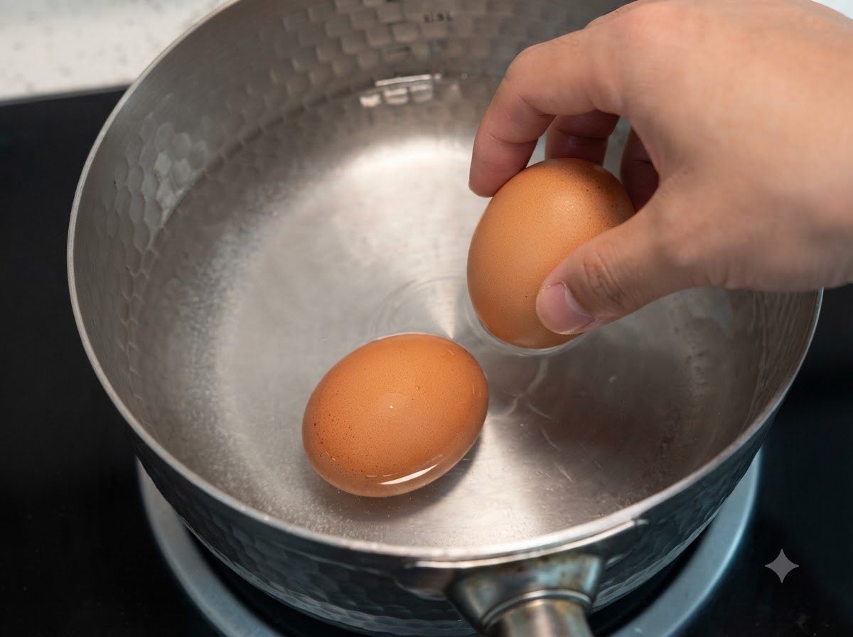 A hand placing whole eggs into a metal pot filled with cold water on a stovetop.