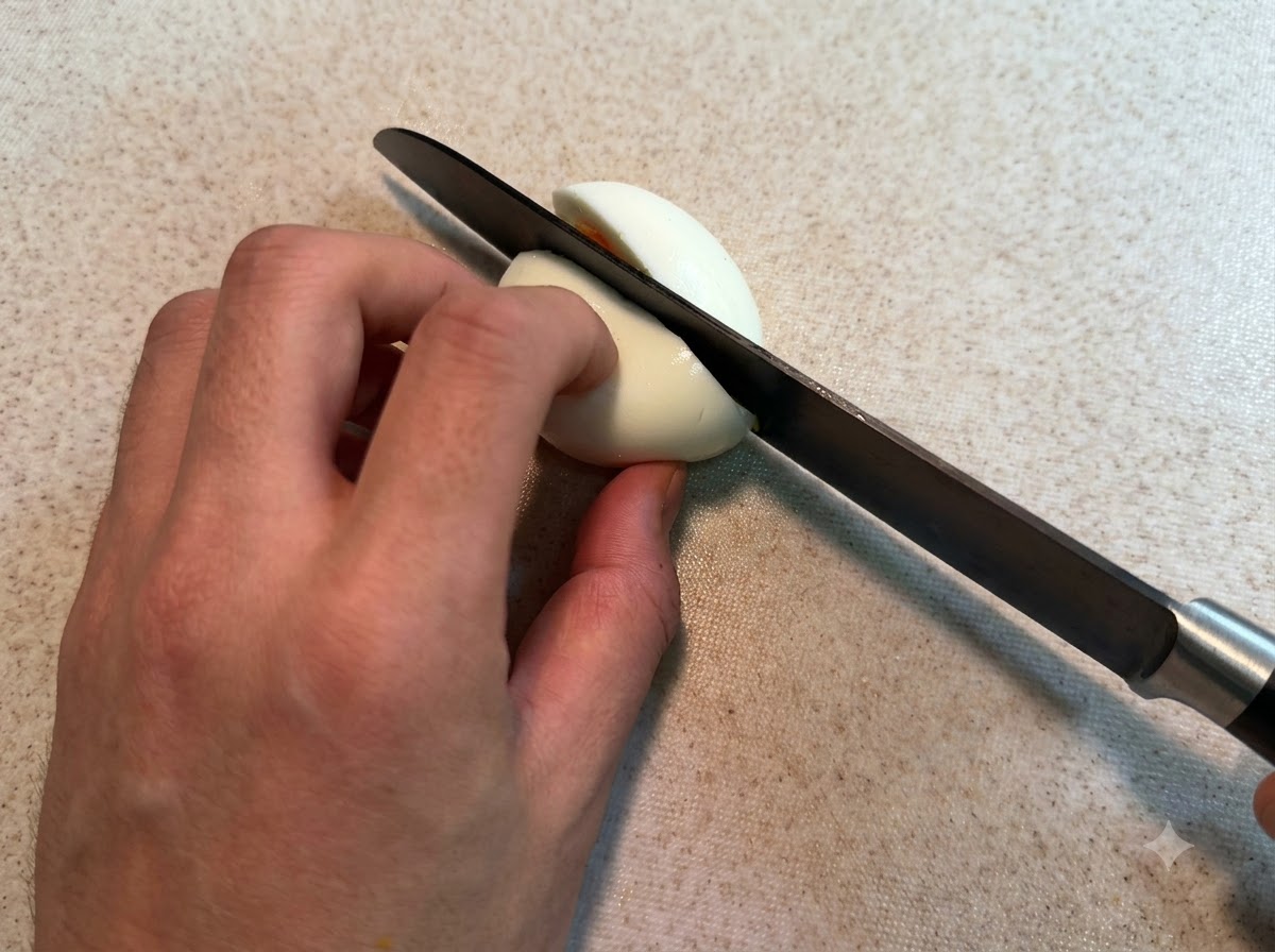 A knife slicing through a peeled boiled egg on a cutting board, showing the soft yolk inside.
