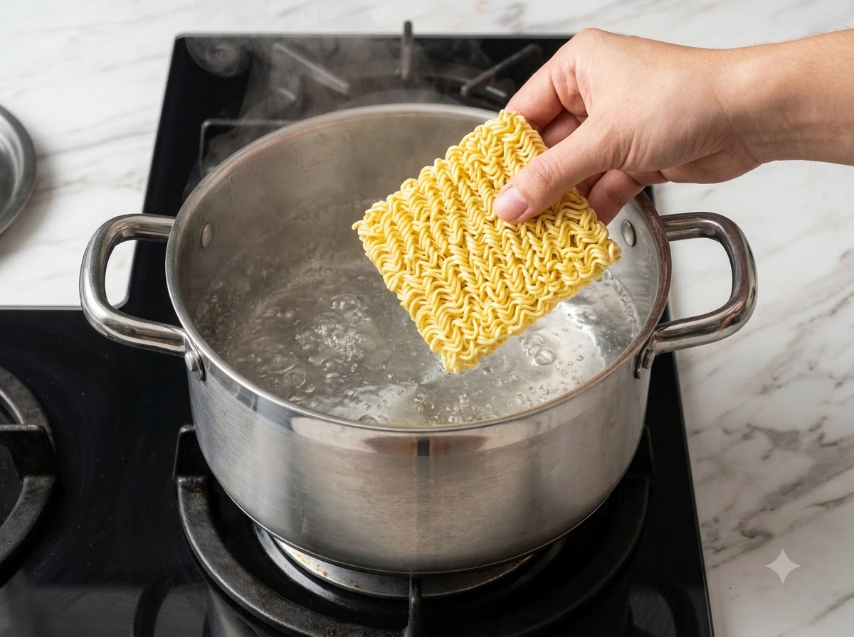 A hand holding a block of dry instant ramen noodles over a pot of boiling water on a stove.