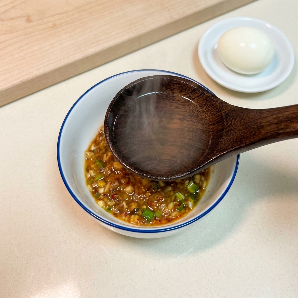A wooden ladle filled with hot water held over a bowl containing a mixed sauce and seasoning base.