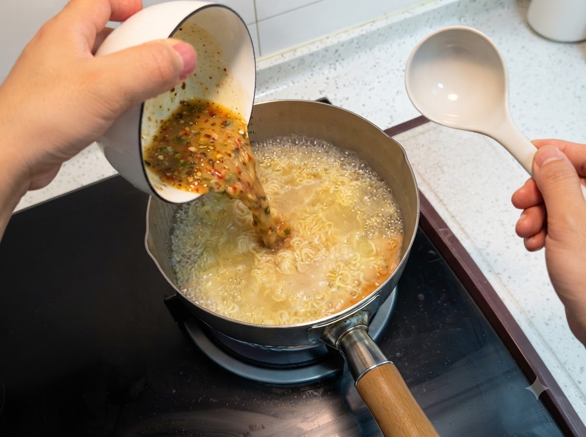 A bowl pouring liquid seasoning mixture into a pot of boiling noodles on a stove.