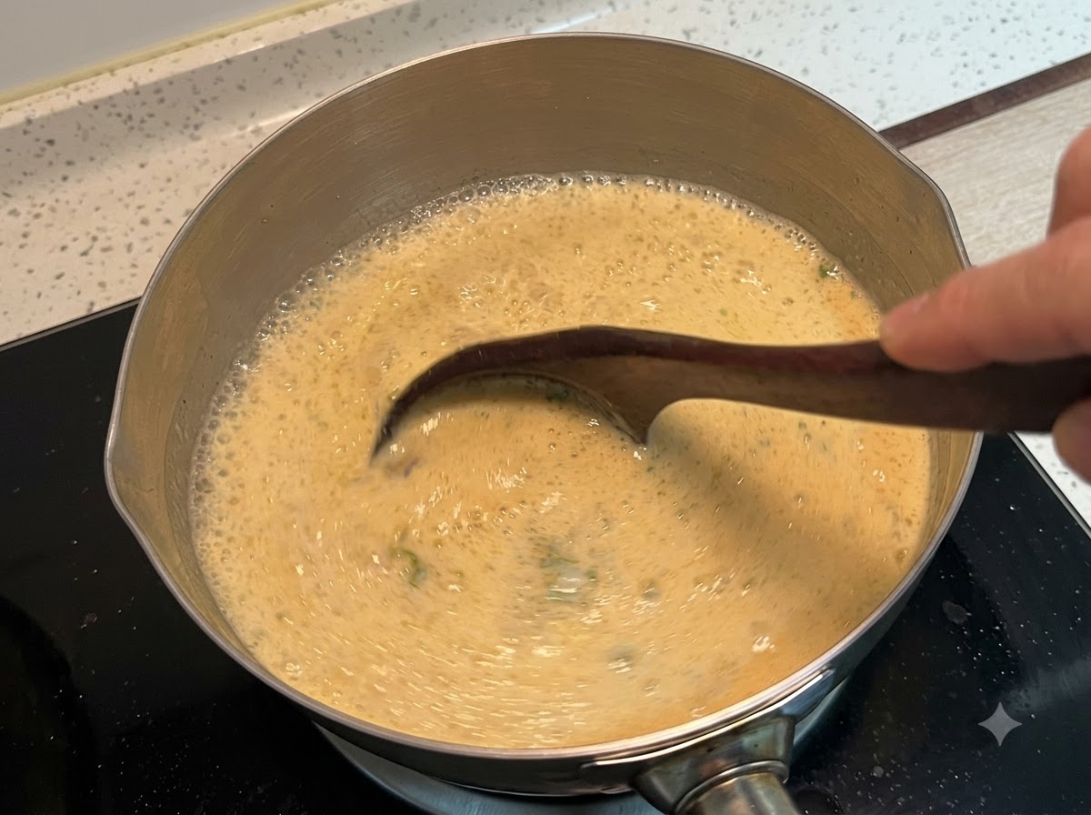 A wooden spoon stirring a thick, creamy bubbling broth inside a metal pot on the stove.