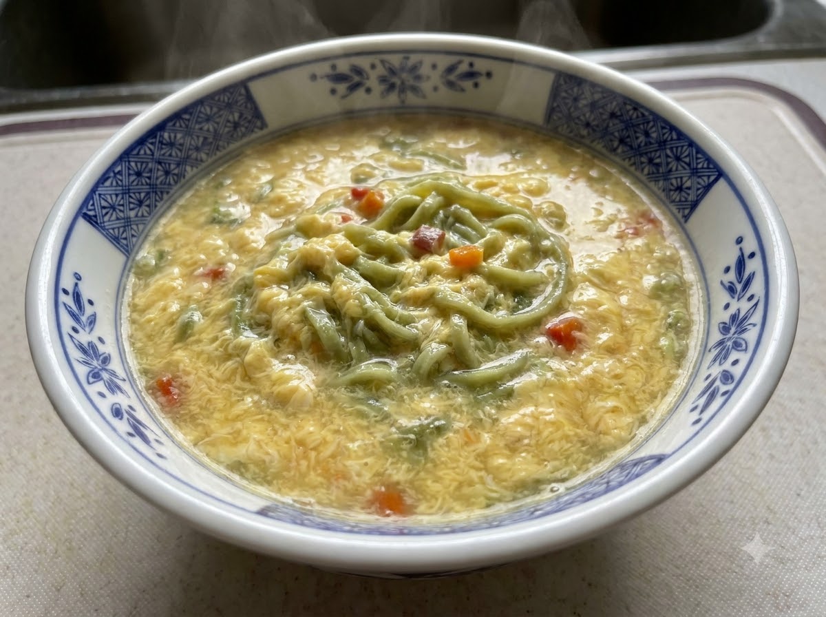 Cooked noodles and creamy soup poured into a blue and white patterned bowl.