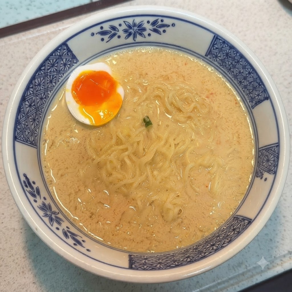 A bowl of noodles with half a soft-boiled egg placed inside.