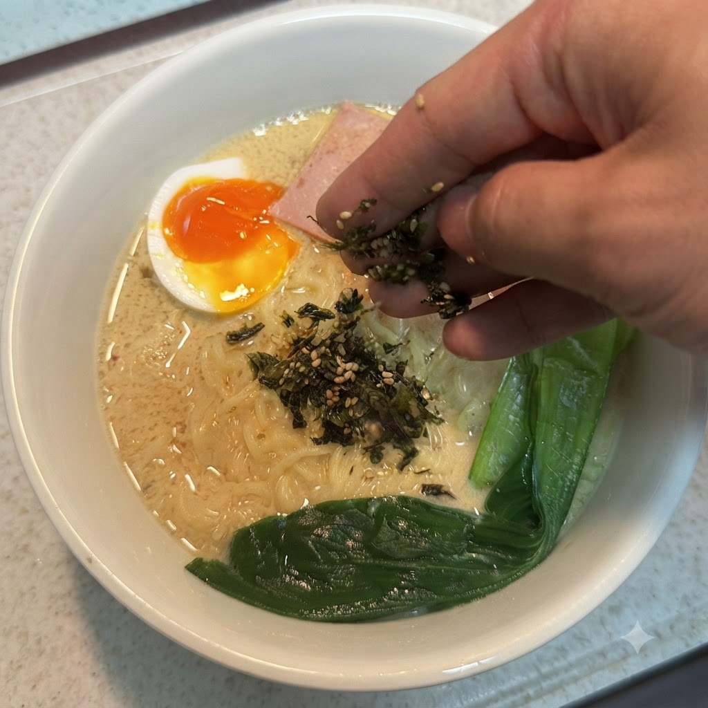 A hand sprinkling seaweed flakes and sesame seeds onto a bowl of ramen.