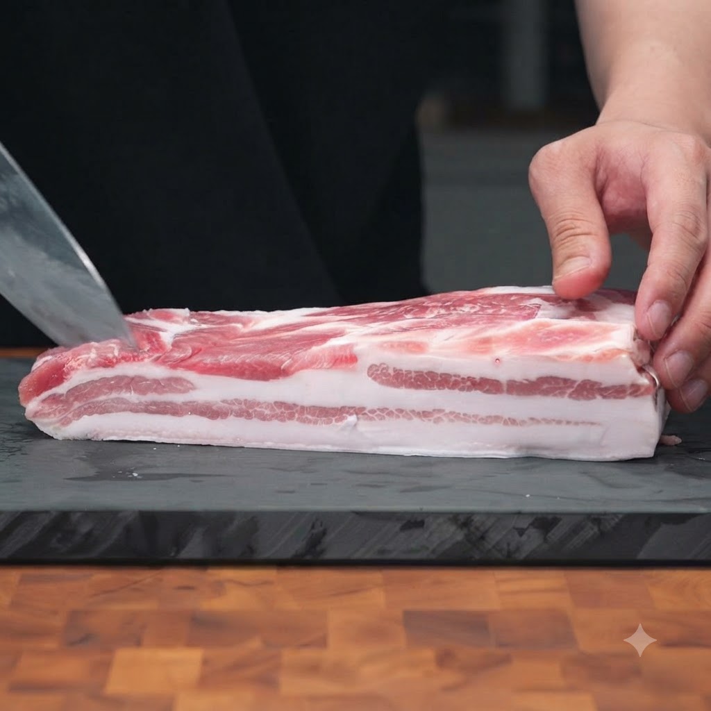 Thick strips of raw pork belly being submerged and blanched in boiling water.
