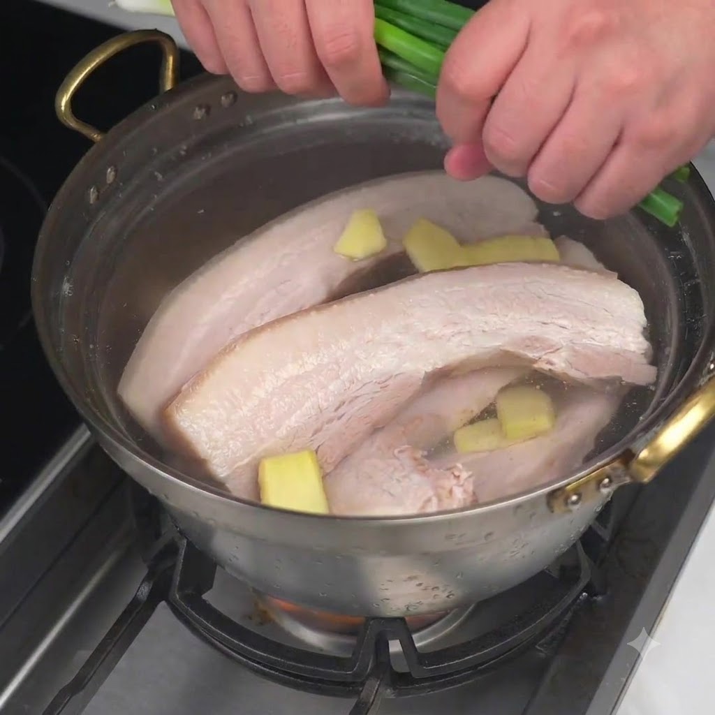 Ginger slices and green onions being added into a pot of water with pork belly.