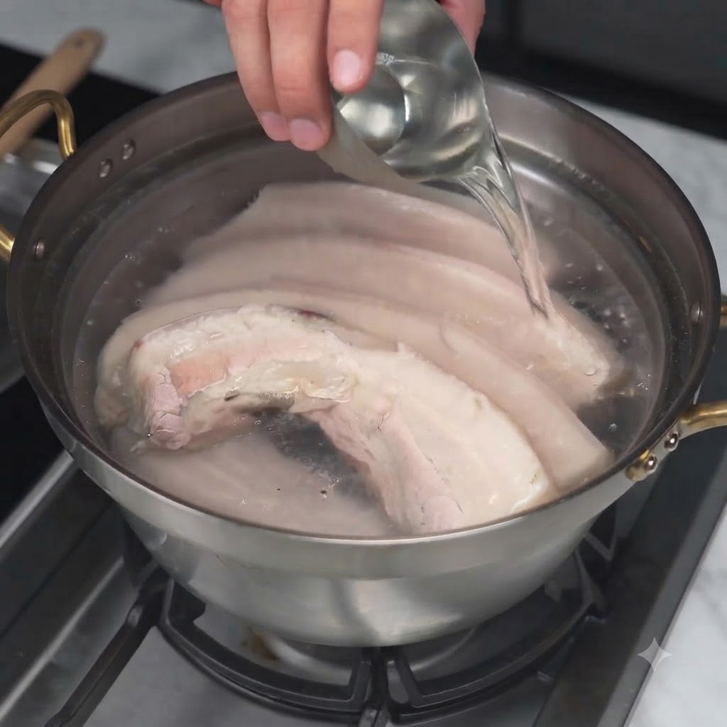 Pouring liquid seasoning from a metal ladle into a pot containing pork belly.