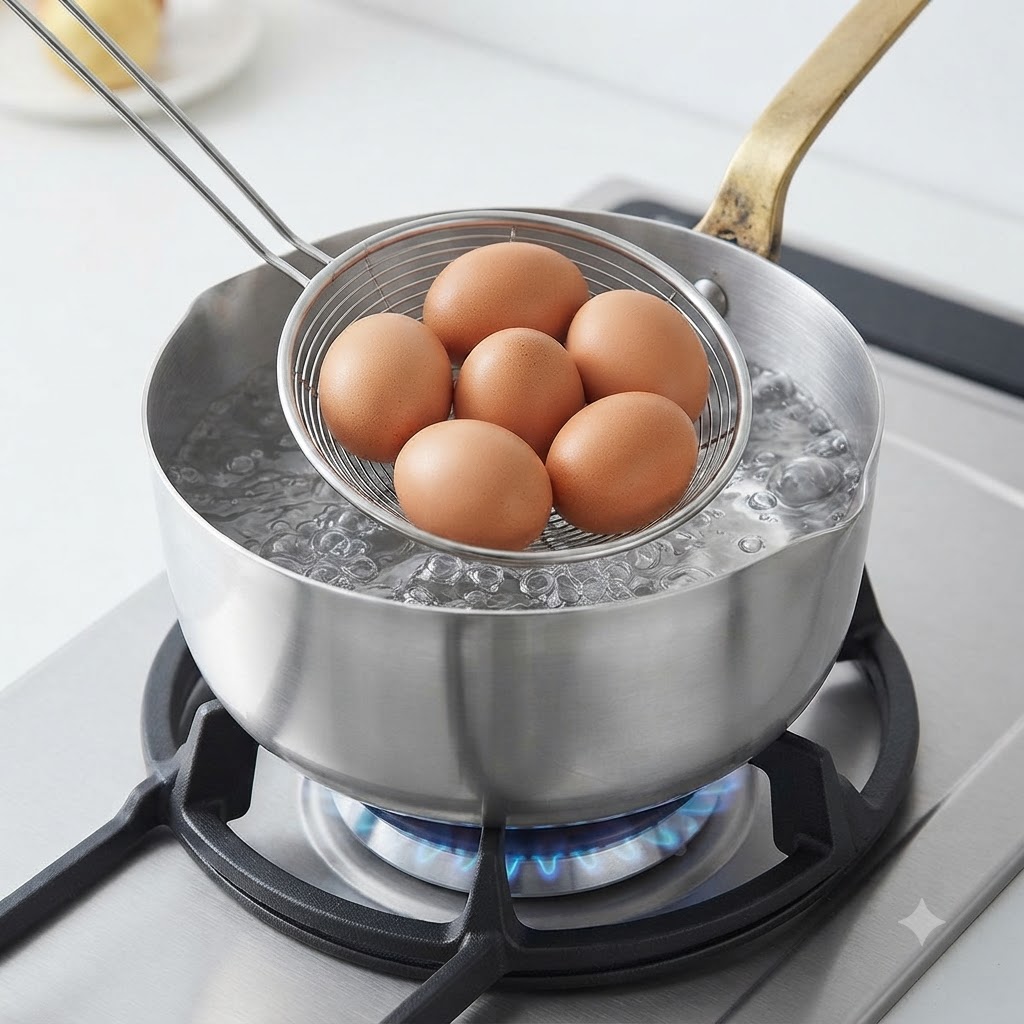 A metal strainer lifting cooked brown eggs out of a pot of boiling water.