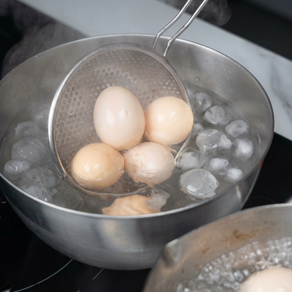 Peeled soft-boiled eggs being lowered using a strainer into a bowl of ice water.