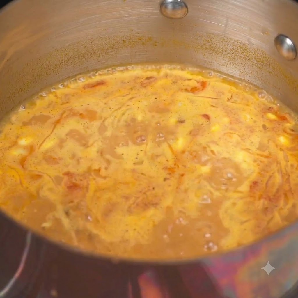 Sweet vinegar and chili powder being stirred into the simmering pot of ramen soup base.