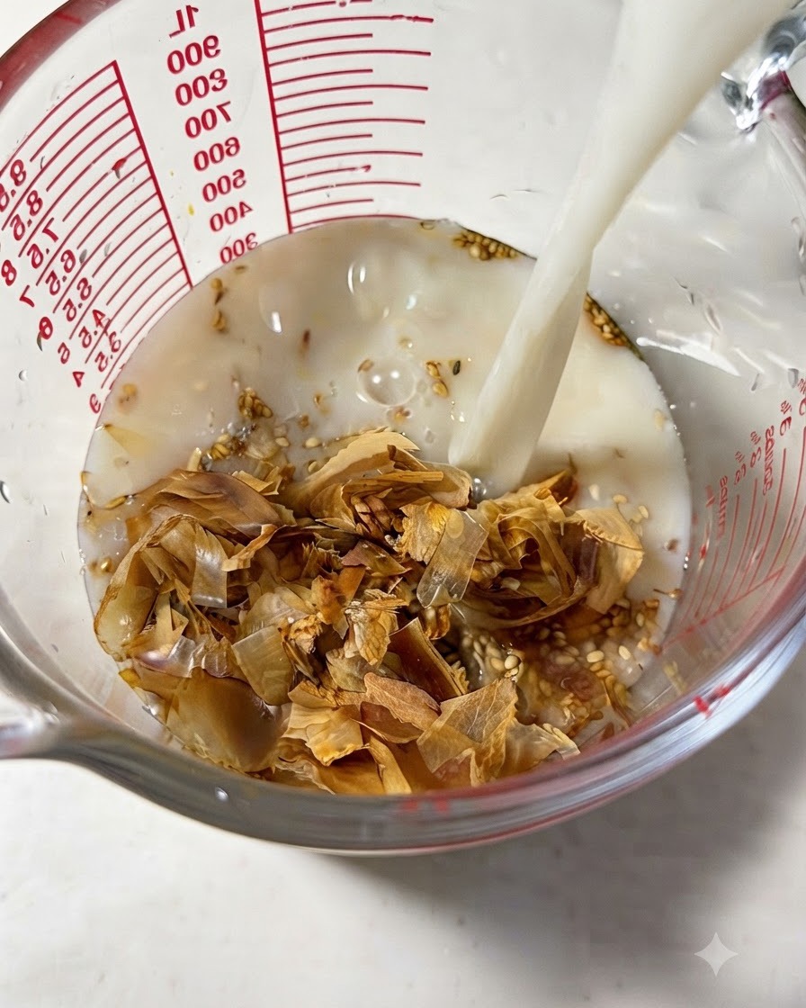 Liquid being poured into a measuring cup filled with bonito flakes, sesame seeds, and seasonings.