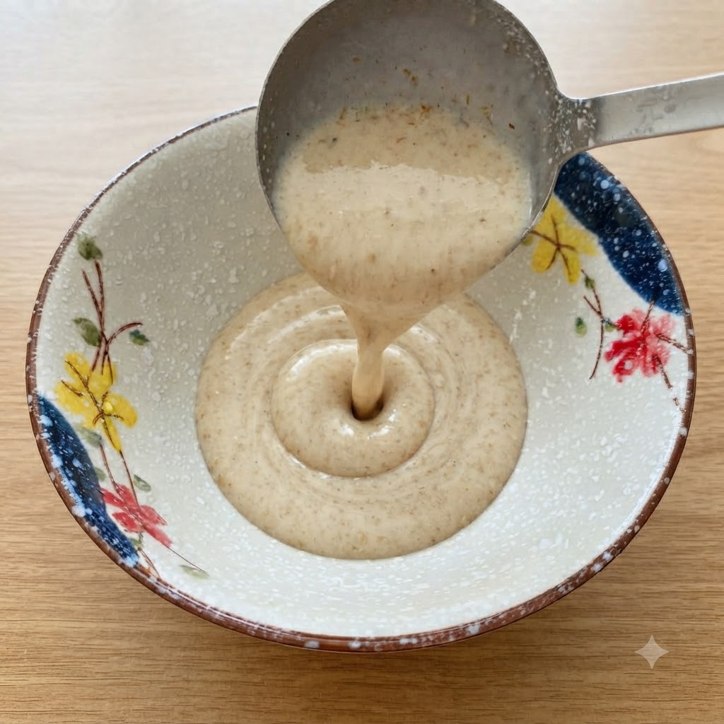 A metal ladle pouring hot creamy soup broth into a decorative ceramic bowl.