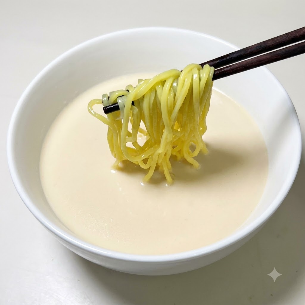 A pair of chopsticks holding golden ramen noodles over a bowl of creamy white soup base.