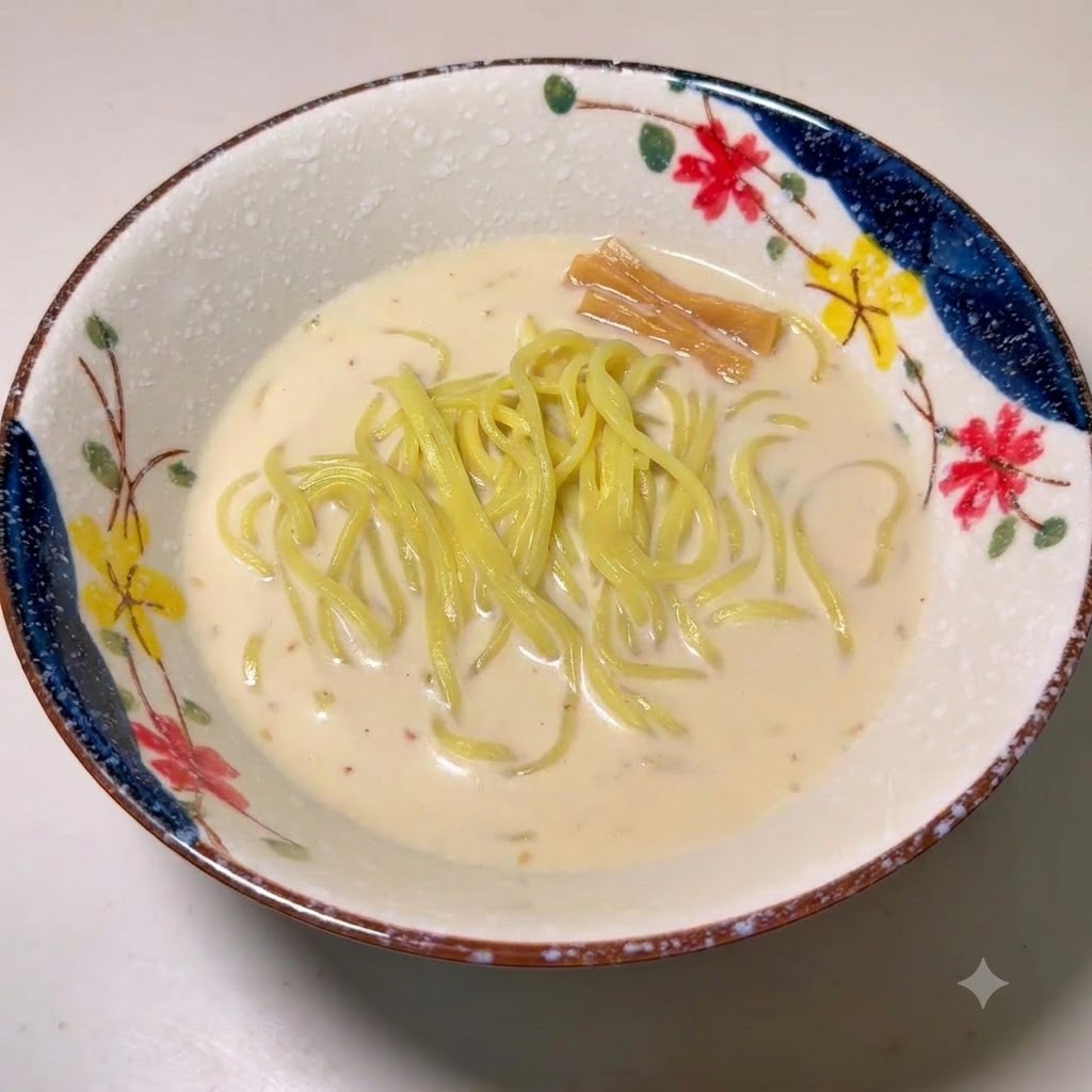 A decorative bowl of ramen noodles in broth, garnished with bamboo shoots.