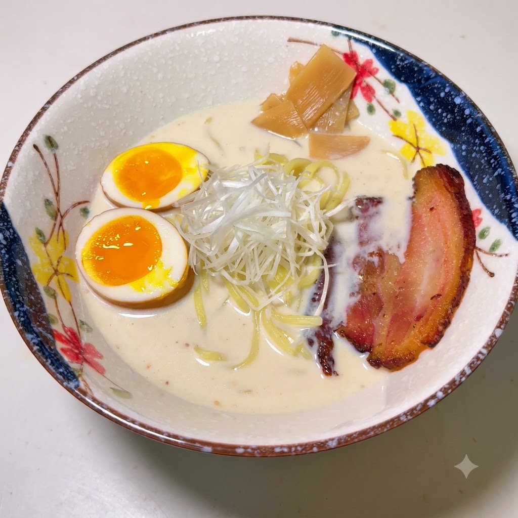 A bowl of ramen topped with bamboo shoots, a halved soft-boiled egg, shredded green onions, and a slice of chashu pork.
