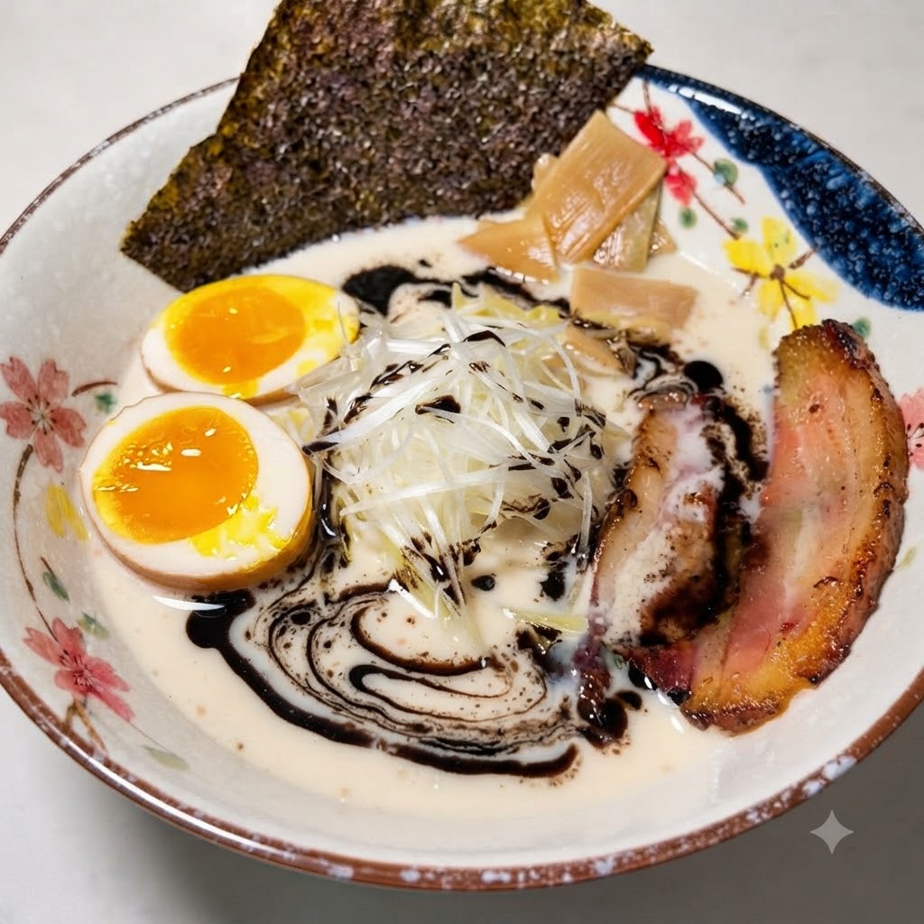 A fully assembled bowl of ramen with black garlic oil drizzled over the broth and ingredients.