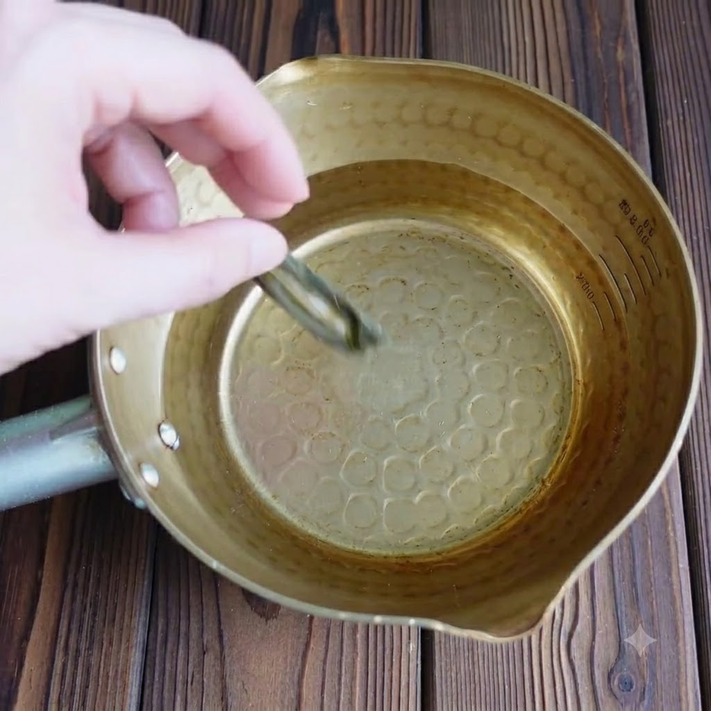 Dried kombu being dropped into a brass pot filled with water.