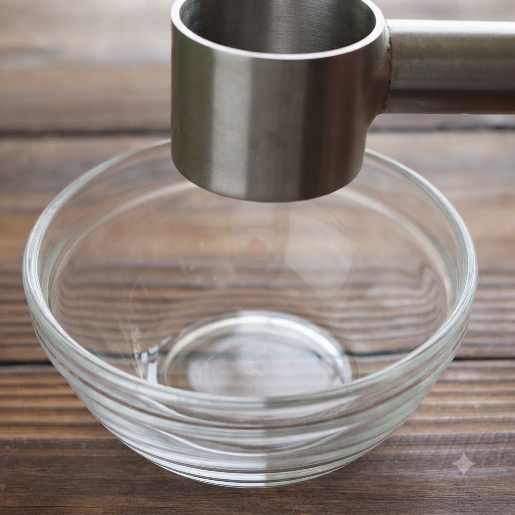 A stainless steel garlic press positioned over an empty glass bowl.
