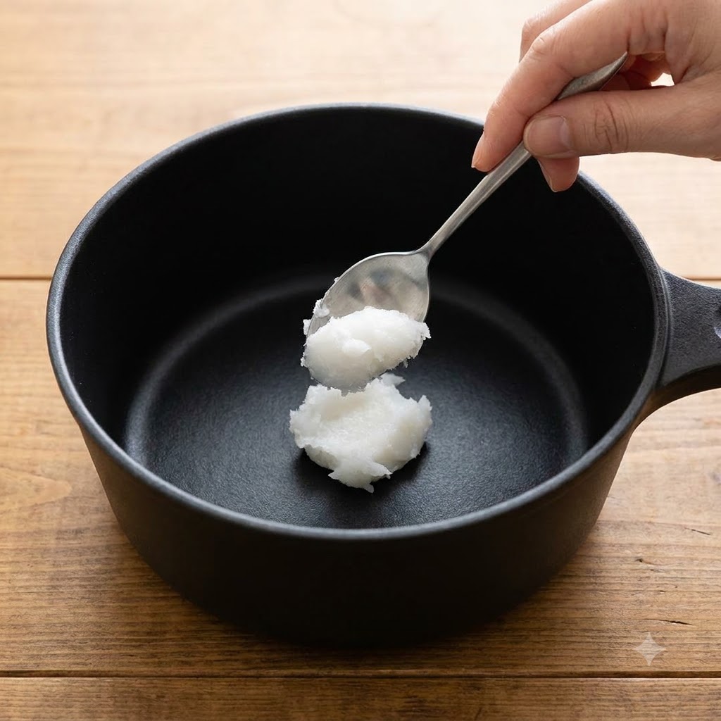 A spoonful of pork lard being placed into a black pot.