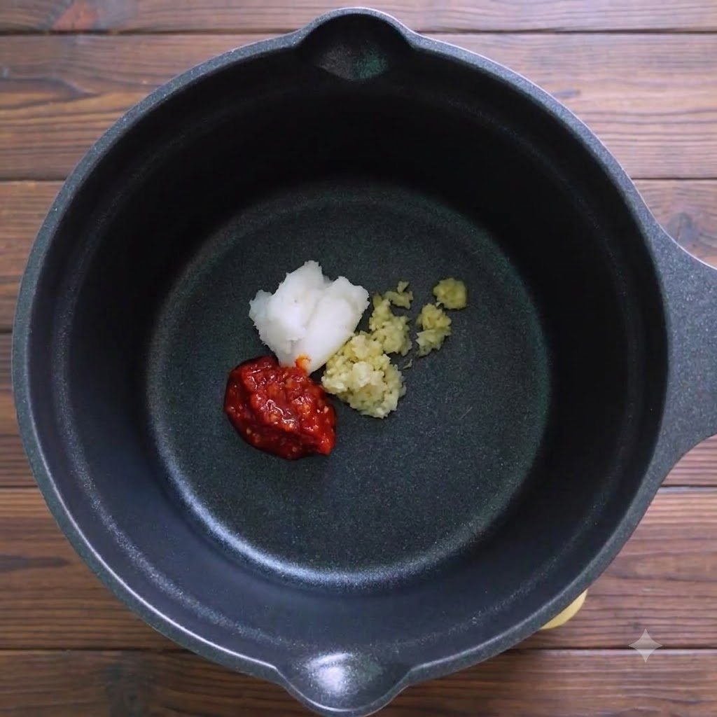 Chili paste, pork lard, and minced aromatics resting inside a black pot.