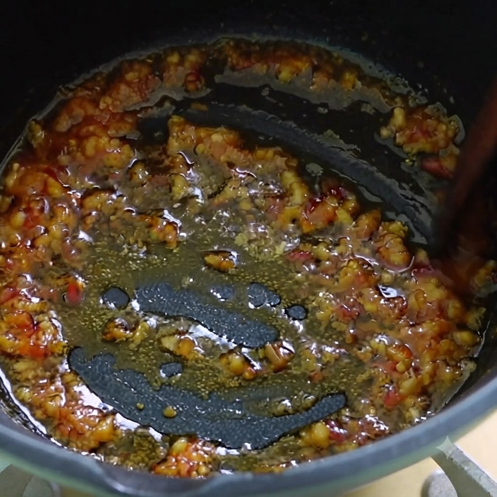 Kombu water being poured over the fried garlic, ginger, and chili paste mixture.