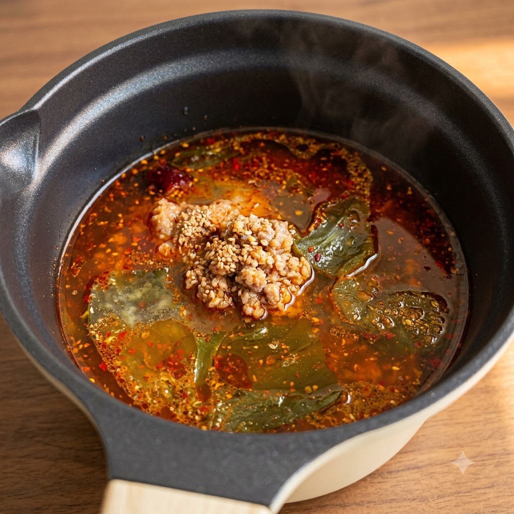Rice wine, mirin, and light soy sauce being poured into the simmering pot.