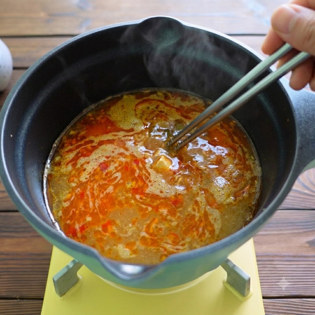 Kombu being lifted out of the hot broth using metal chopsticks.