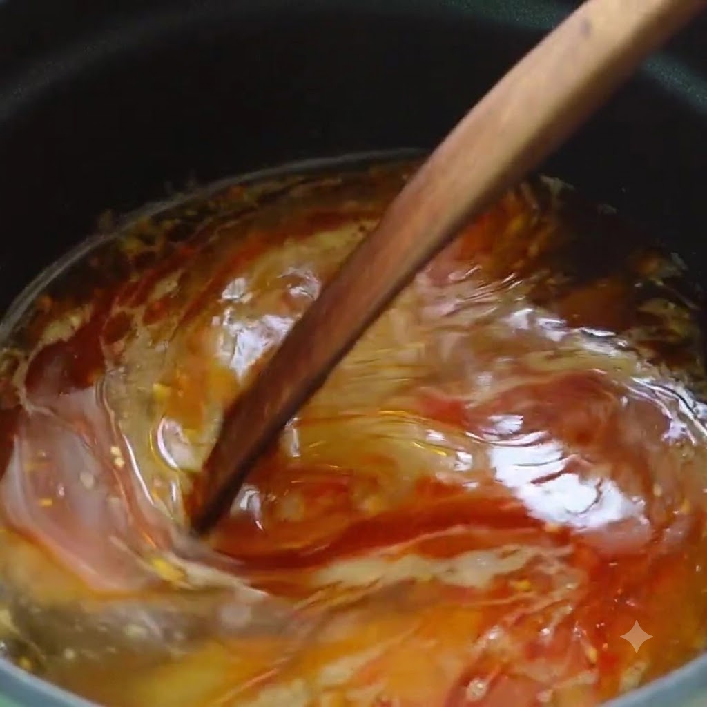 The completed soup base being stirred with a wooden spoon in a pot.