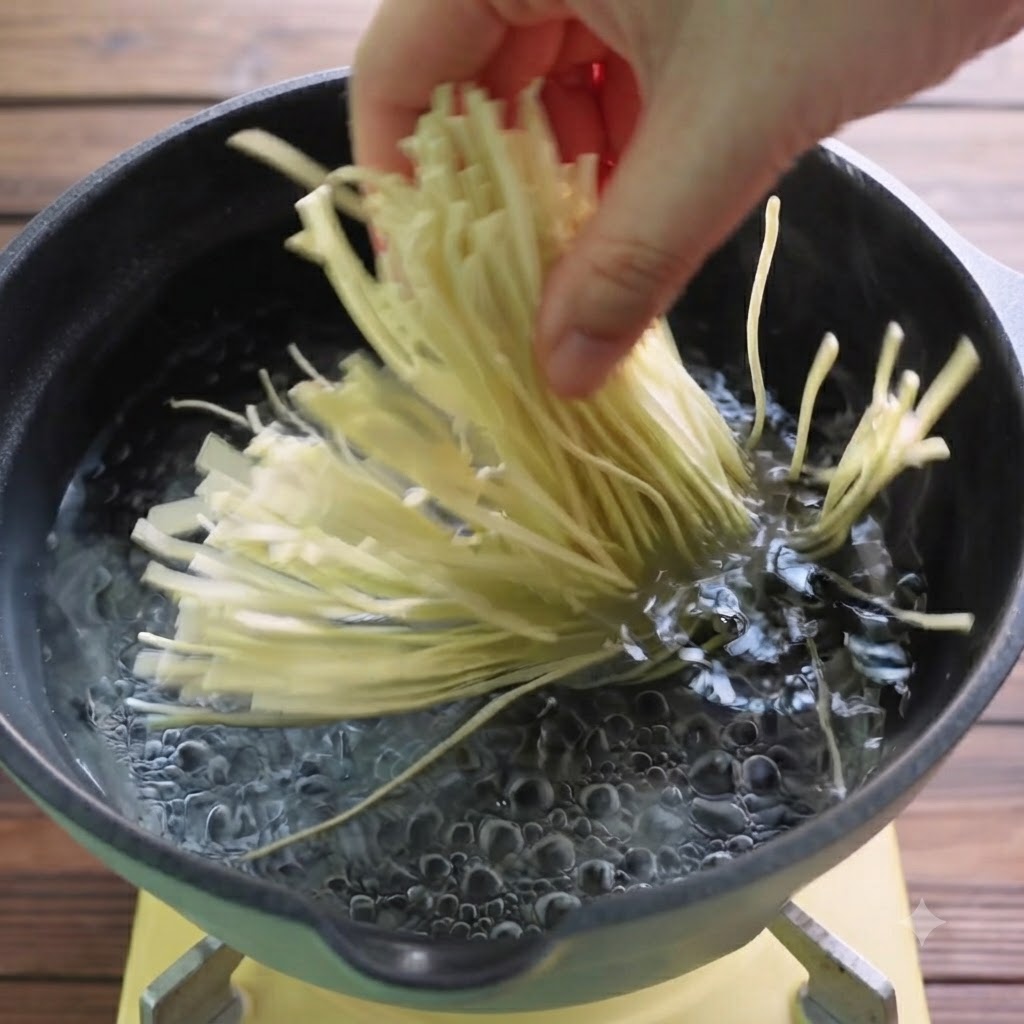 A hand placing a bundle of fresh ramen noodles into a pot of bubbling boiling water.