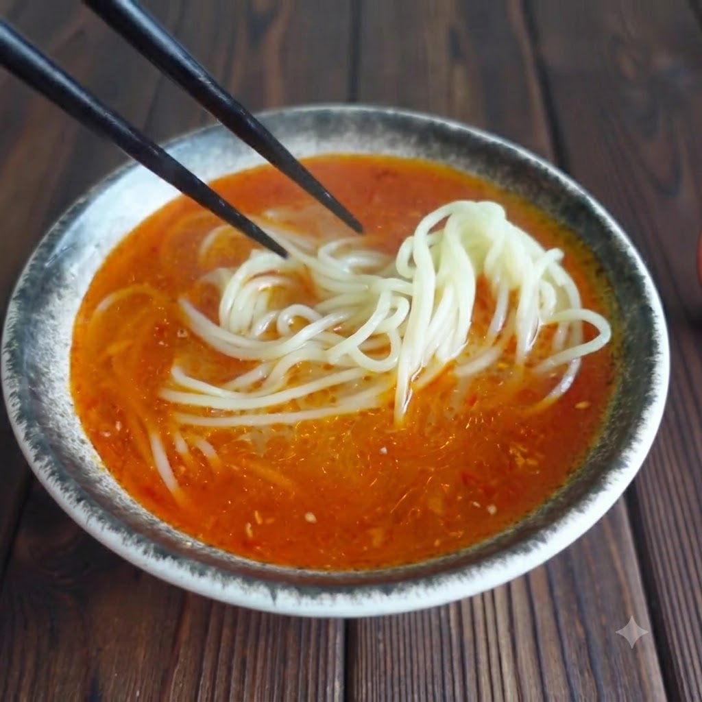 Chopsticks placing slices of meat onto noodles submerged in a red soup base.
