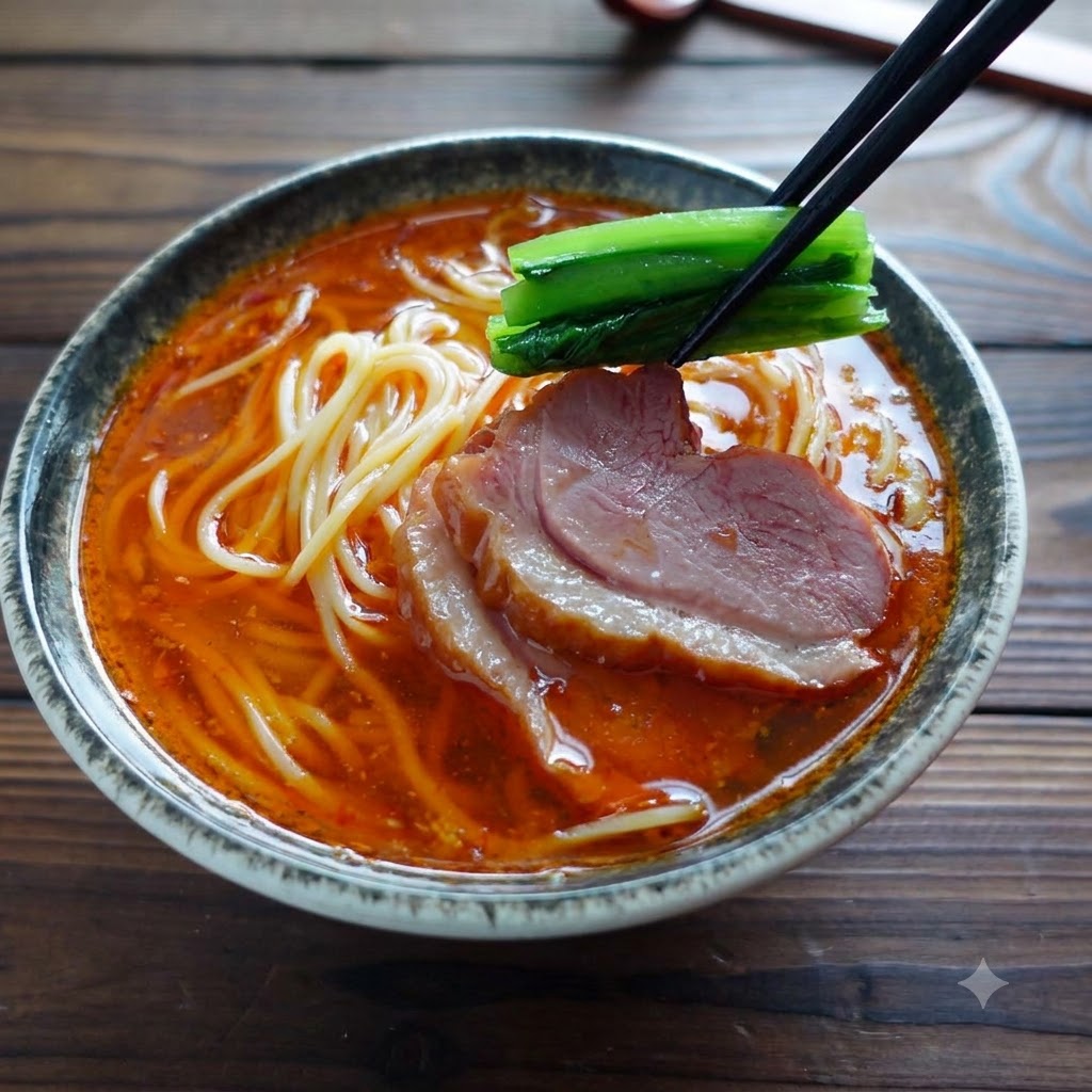 Chopsticks holding green vegetables above a bowl of ramen topped with sliced meat.
