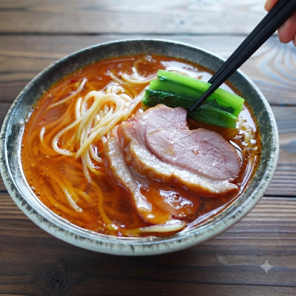 Bamboo shoots being placed into a bowl of ramen using chopsticks.