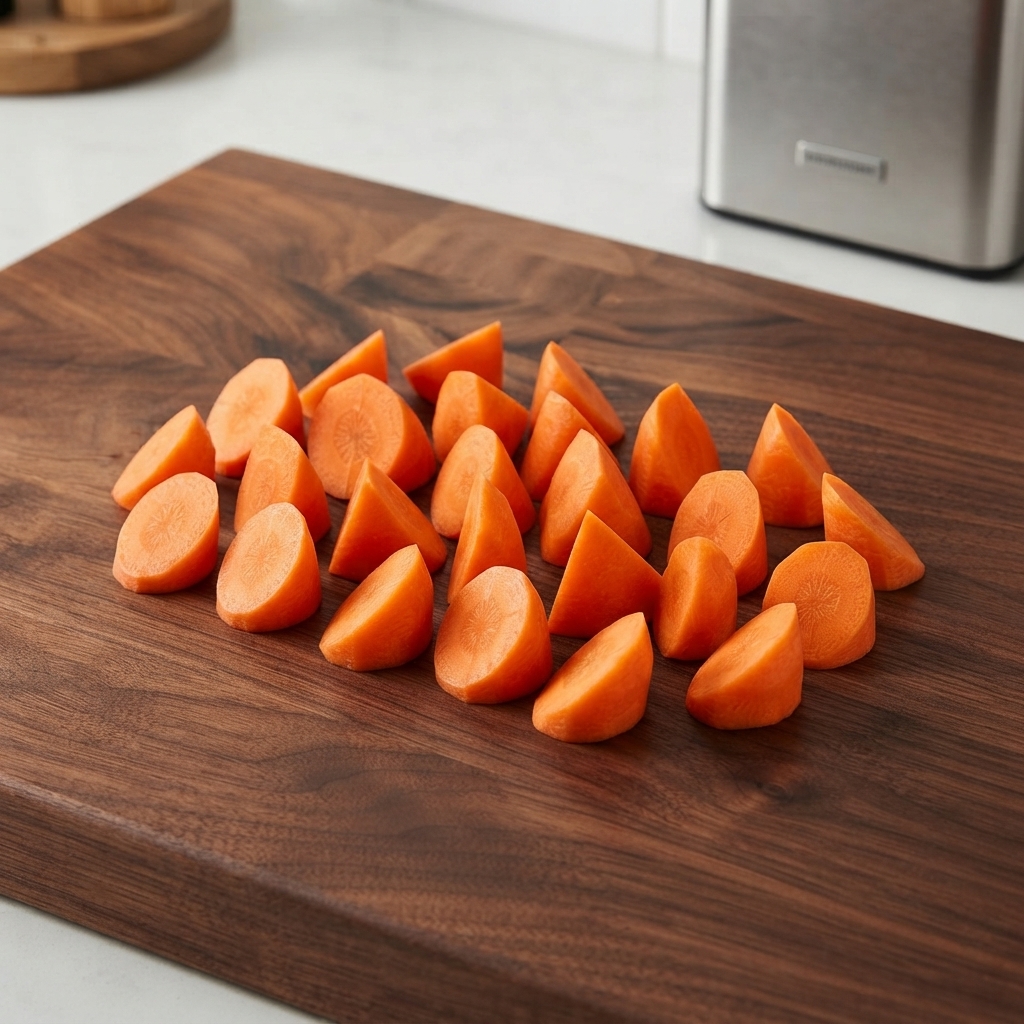 Carrots and various vegetables neatly chopped and arranged on a wooden cutting board.