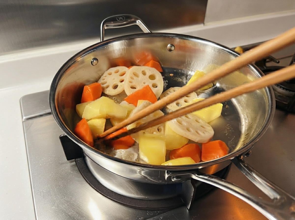 Vegetable slices being stirred in a stainless steel pan over a burner with chopsticks.