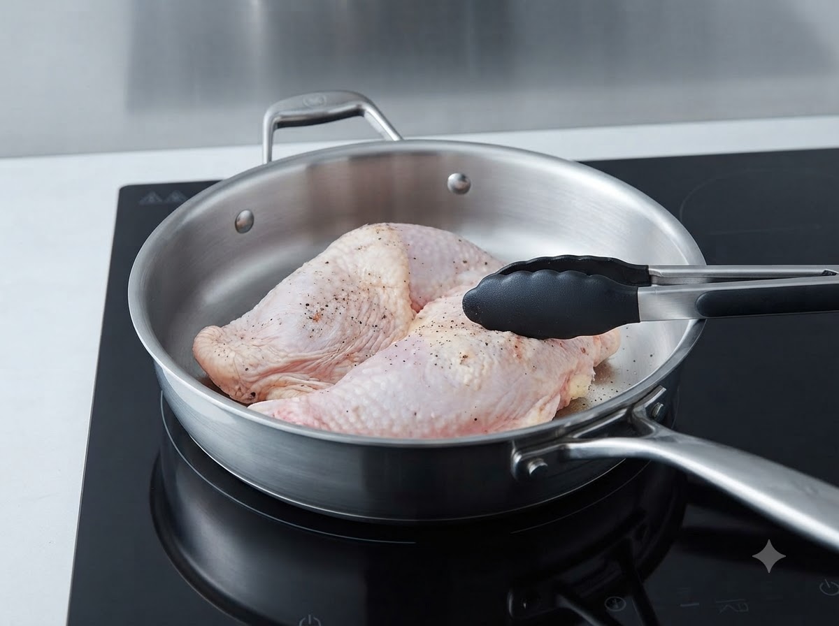 Seasoned chicken legs frying in a stainless steel pan being handled with black tongs.