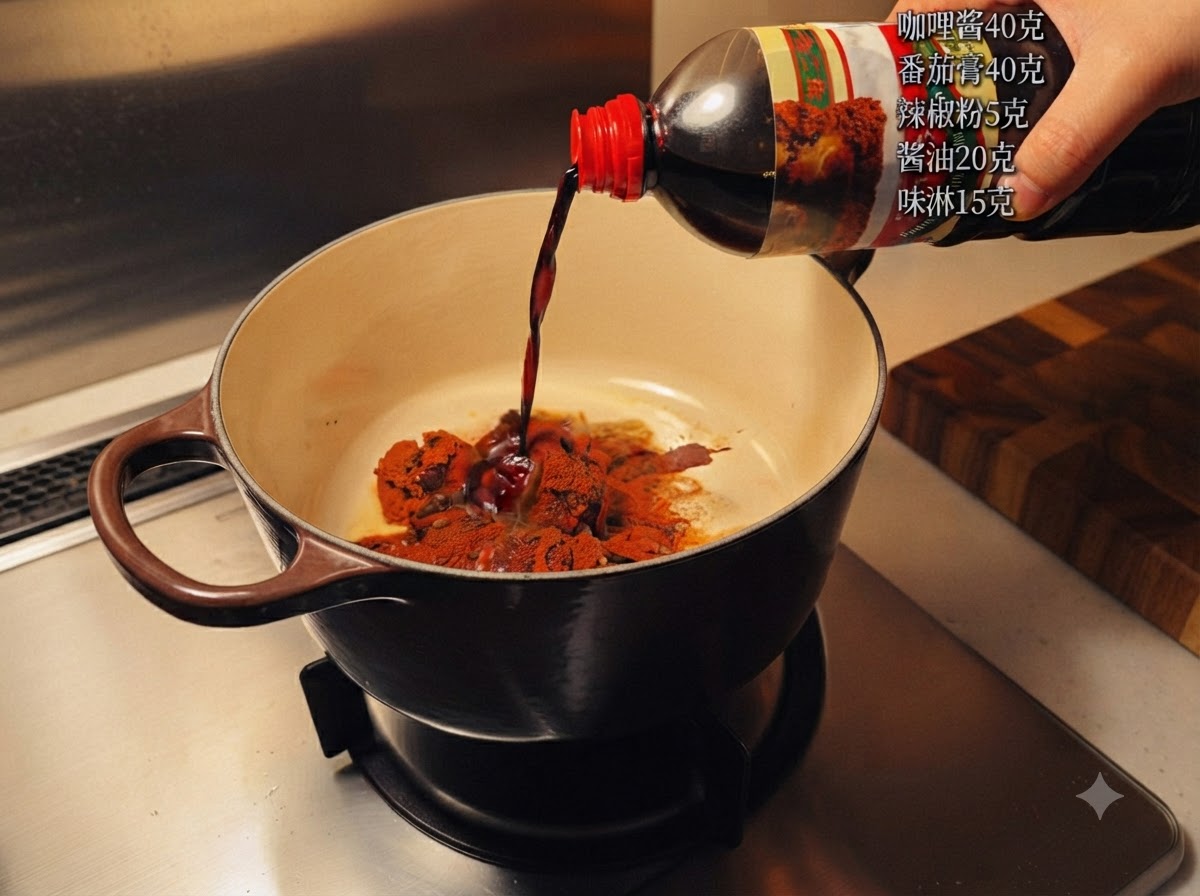 Dark sauce being poured from a bottle into a pot containing curry paste and spices over a stove.
